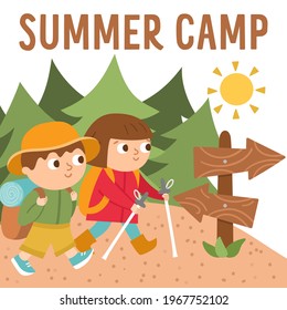 Summer camp card with cute kids doing camping activity. Vector square print templates with hiking children. Active holidays or local tourism design for postcards, ads

