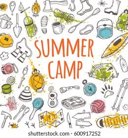 Summer camp card. Hand drawn vector illustration. Watercolor splash. Flashlight, marshmallow, camera, compass, backpack, tent, ax, rope, road sign, binoculars. Can be used for poster, banner, placard.