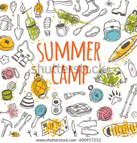 Summer camp card. Hand drawn vector illustration. Watercolor splash. Flashlight, marshmallow, camera, compass, backpack, tent, ax, rope, road sign, binoculars. Can be used for poster, banner, placard.