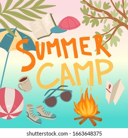 Summer camp card. Kids camping and travel. Different equipment for summer activities. Umbrella, campfire, book and beach ball. Design for poster, banner or flyer. Vector cartoon illustration concept.