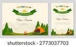 Summer camp certificate with an illustration of a tent, campfire, and forest. Vector set of horizontal and vertical layouts in a hand-drawn style for children. Diploma for achievements in hiking and tourism.