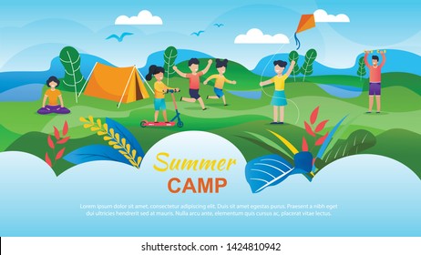 Summer Camp for Children Advertising Banner. Flat Cartoon Kids Playing with Kite, Scooting, Running on Valley. Man and Woman, Educators and Counselors Meditating, Doing Exercise. Vector Illustration