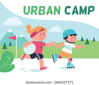 Summer camp. Children do different forms of activity, kids spend free time and relax at the summer camp, recuperate, poster, entertainment, sports, pastime, good mood