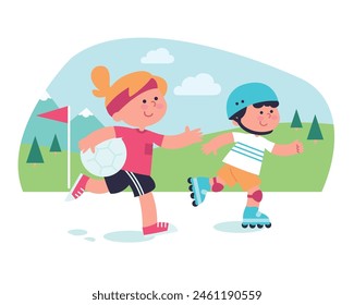 Summer camp. Children do different forms of activity, kids spend free time and relax at the summer camp, recuperate, poster, entertainment, sports, pastime, good mood