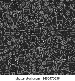 Summer camp Children, kids camping Children plays, hiking, singing, fishing, walking, drawing, having fun seamless
