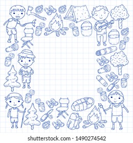 Summer camp Children, kids camping Children plays, hiking, singing, fishing, walking, drawing, having fun After school summer adventures