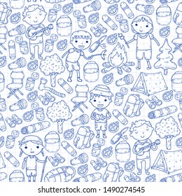 Summer camp Children, kids camping Children plays, hiking, singing, fishing, walking, drawing, seamless