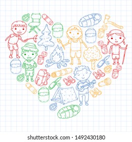 Summer camp Children, kids camping Children plays, hiking, singing, fishing, walking, drawing, having fun After school summer advetures