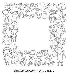 Summer camp Children, kids camping Children plays, hiking, singing, fishing, walking, drawing, having fun After school summer advetures