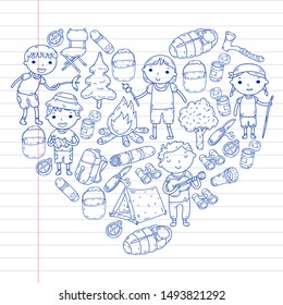 Summer camp Children, kids camping Children plays, hiking, singing, fishing, walking, drawing, having fun After school summer advetures