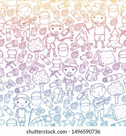 Summer camp Children, kids camping Children plays, hiking, singing, fishing, walking, drawing, having fun seamless