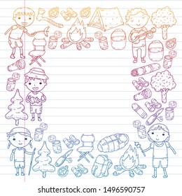 Summer camp Children, kids camping Children plays, hiking, singing, fishing, walking, drawing, having fun After school summer advetures