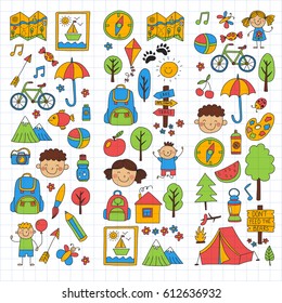 Summer camp Children, kids camping Children plays, hiking, singing, fishing, walking, drawing, having fun After school summer advetures