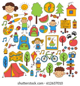 Summer camp Children, kids camping Children plays, hiking, singing, fishing, walking, drawing, having fun After school summer advetures