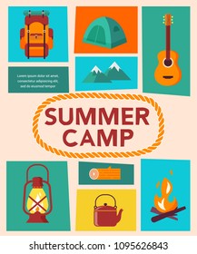 Summer camp, children vacation, activity poster and flyer for kids . Camping and travelling on holiday