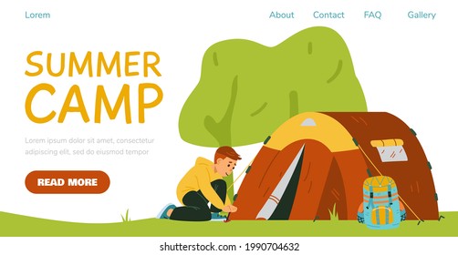 Summer camp for children website banner template with cute child setting tourist tent at campsite, flat cartoon vector illustration. Kids summer camping and tourism.