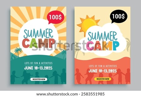 Summer camp clipart template set. Summer camp invitation card clip art design for holiday fun activities flyers and poster collection vector illustration. 