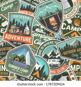 Summer Camp Colorful Seamless Pattern With Rv Trailer, Camping Tent, Campfire, Bear, Man With Guitar And Forest. Vector Illustration. Background, Wallpaper, Seamless Pattern With Patches