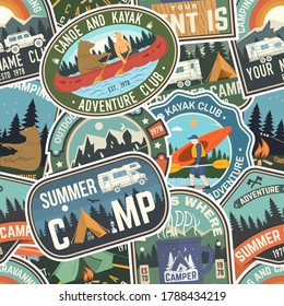 Summer camp colorful seamless pattern with rv trailer, camping tent, campfire, bear, canoe and kayak. Vector illustration. Background, wallpaper, seamless pattern with patches