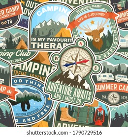 Summer camp colorful seamless pattern with rv trailer, camping tent, campfire, bear,camping tent and inspirational quotes. Vector illustration. Background, wallpaper, seamless pattern with patches