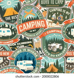 Summer camp colorful seamless pattern with rv trailer, camping tent, campfire, bear,camping tent and inspirational quotes. Vector. Background, wallpaper, seamless pattern with patches