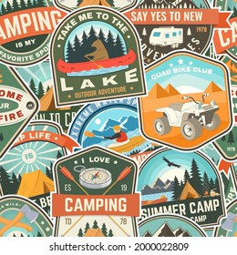 Summer camp colorful seamless pattern with rv trailer, camping tent, campfire, bear,camping tent and inspirational quotes. Vector. Background, wallpaper, seamless pattern with patches