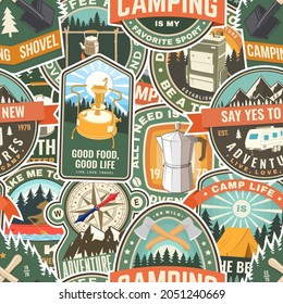 Summer camp colorful seamless pattern with travel inspirational quotes. Vector illustration. Background, wallpaper, pattern with retro camping tea kettle, primus, compass, backpack , campfire, tent.