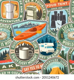 Summer camp colorful seamless pattern with travel inspirational quotes. Vector illustration. Background, wallpaper, seamless pattern with retro camping tea kettle, kayak, compass, backpack , campfire.