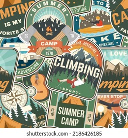 Summer Camp Colorful Seamless Pattern With Travel Inspirational Quotes. Vector. Background, Wallpaper, Seamless Pattern With Compass, Guitar, Camping Climber, Tent, Mountain And Forest Silhouette.