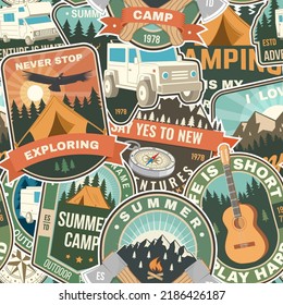 Summer camp colorful seamless pattern with travel inspirational quotes. Vector. Background, wallpaper, seamless pattern with guitar, camping climber, tent, mountain and forest silhouette.