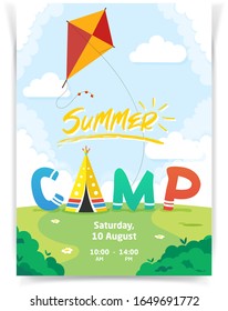 Summer camp colorful vertical vector advertisement poster template for print and web. Wigwam or teepee like tent and kite in the in the meadow with multi color text. Children outdoor  summer activity