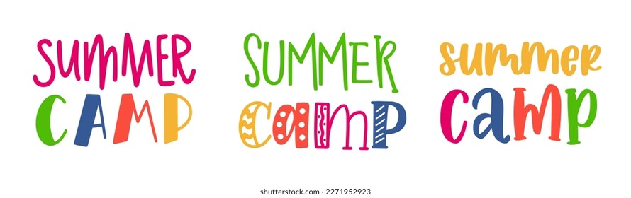 Summer camp. Colorfull illustration. Summer camp template poster, flyer, banner design. Kids fun vector illustration. Hand drawn lettering typography text. Summer camp logo for print design.
