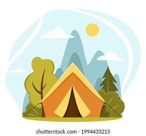 Summer camp concept. Camping landscape. Sunny day landscape illustration in flat style with tent, mountains and forest. Banner or poster for summer camp, nature tourism, camping, hiking, trekking, etc