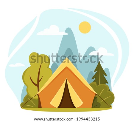 Summer camp concept. Camping landscape. Sunny day landscape illustration in flat style with tent, mountains and forest. Banner or poster for summer camp, nature tourism, camping, hiking, trekking, etc
