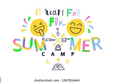 Summer Camp concept with handdrawn lettering. Colorful positive illustration for your design. 