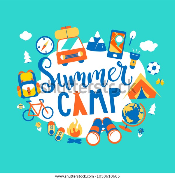 キャンプのコンセプトと手書きの文字 キャンプ 休日の旅行 テント バックパックなど さまざまな設備を使用 平らなスタイルのポスター ベクターイラスト のベクター画像素材 ロイヤリティフリー 1038618685