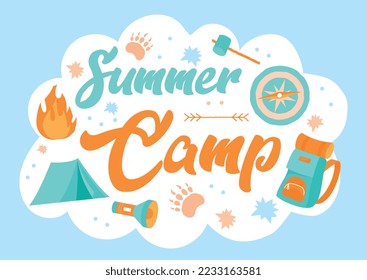 Summer camp concept. Inventory and camp icon. Tent, backpack and hammer. Active lifestyle and sports. Poster or banner for website, cover. Hiking and camping. Cartoon flat vector illustration