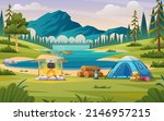 Summer camp concept with mountain and lake landscape illustration