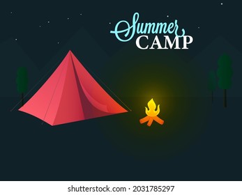 Concepto De Campamento De Verano Con Tienda Roja, Fuego Y Árbol En El Fondo Oscuro Del Teal.