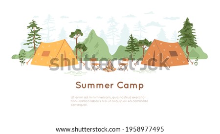 Summer camp concept. Tent with campfire and chairs in forest. Fir trees silhouette and hills on white background. Banner for eco tourism, nature traveling, camping, hiking. 