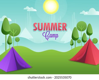 Summer Camp Concept With Two Color Tent On Sunshine Natural Landscape Background.