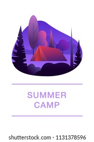 Summer camp concept. Vector illustration in a flat style with travel elements such as tent, mountains and forest. Camping and hiking design background. 