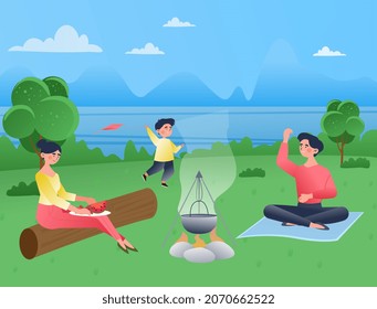 Summer camp concept. Young family with mom, dad and little son relaxing outdoors. Hiking in forest. Characters cook food in nature. Trip to mountains. Cartoon colorful flat vector illustration