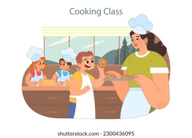 Summer camp cooking class. Happy kids enjoying holidays together in the rural area. Children learning new things and exploring nature. Childhood adventure. Flat vector illustration