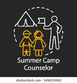 Summer camp counselor chalk icon. Seasonal job. Childcare worker, employee. Educator. Campers supervision. Temporary recruitment. Part-time job. Isolated vector chalkboard illustration