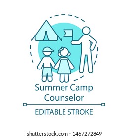 Summer camp counselor concept icon. Seasonal job idea thin line illustration. Childcare worker, employee. Campers supervision. Part-time job. Vector isolated outline drawing. Editable stroke