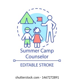 Summer camp counselor concept icon. Seasonal job idea thin line illustration. Childcare worker, educator. Campers supervision. Temporary recruitment. Vector isolated outline drawing. Editable stroke