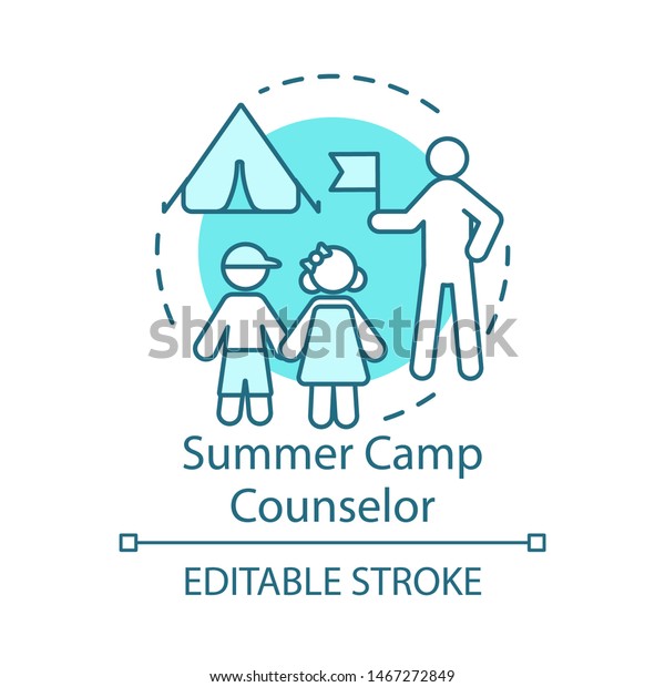Summer camp counselor concept icon. Seasonal job\
idea thin line illustration. Childcare worker, employee. Campers\
supervision. Part-time job. Vector isolated outline drawing.\
Editable stroke