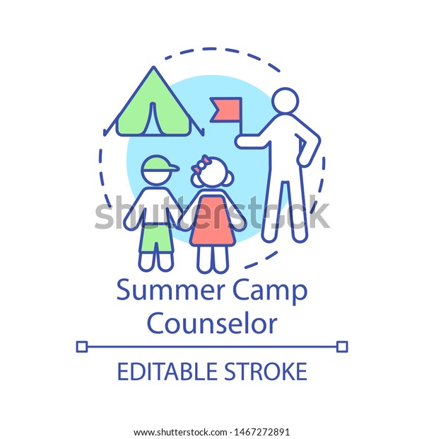 Summer camp counselor concept icon. Seasonal job\
idea thin line illustration. Childcare worker, educator. Campers\
supervision. Temporary recruitment. Vector isolated outline\
drawing. Editable\
stroke