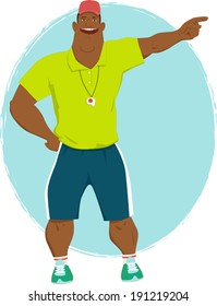 Summer camp counselor. Energetic muscular black male in athletic clothes and with a whistle, vector illustration